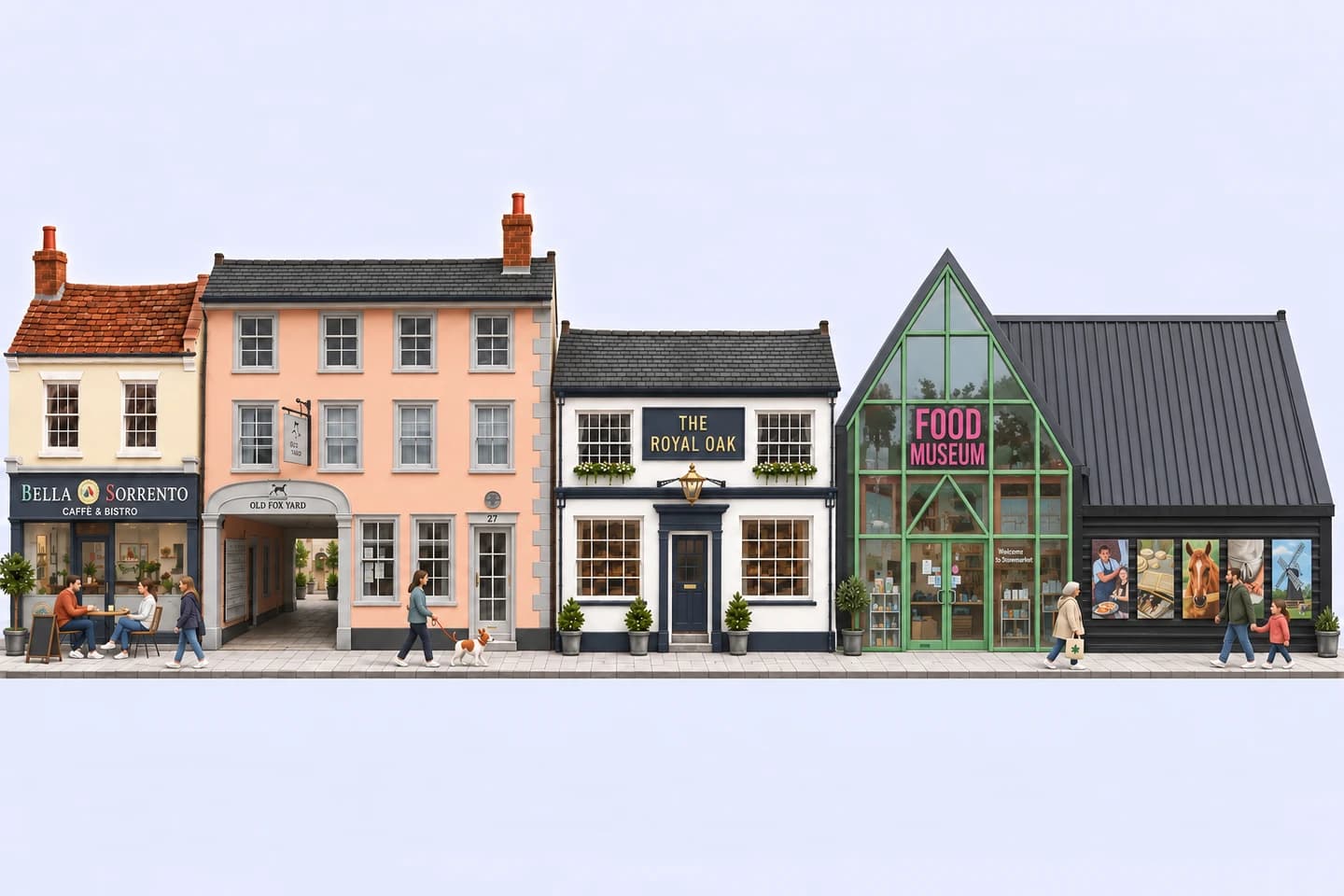 A miniature Stowmarket street with Bella Sorrento, Old Fox Yard, The Royal Oak and the Food Museum